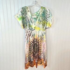 Taheri satin v-neck paisley & floral print dress w/ elastic waist. NWOT SIZE L